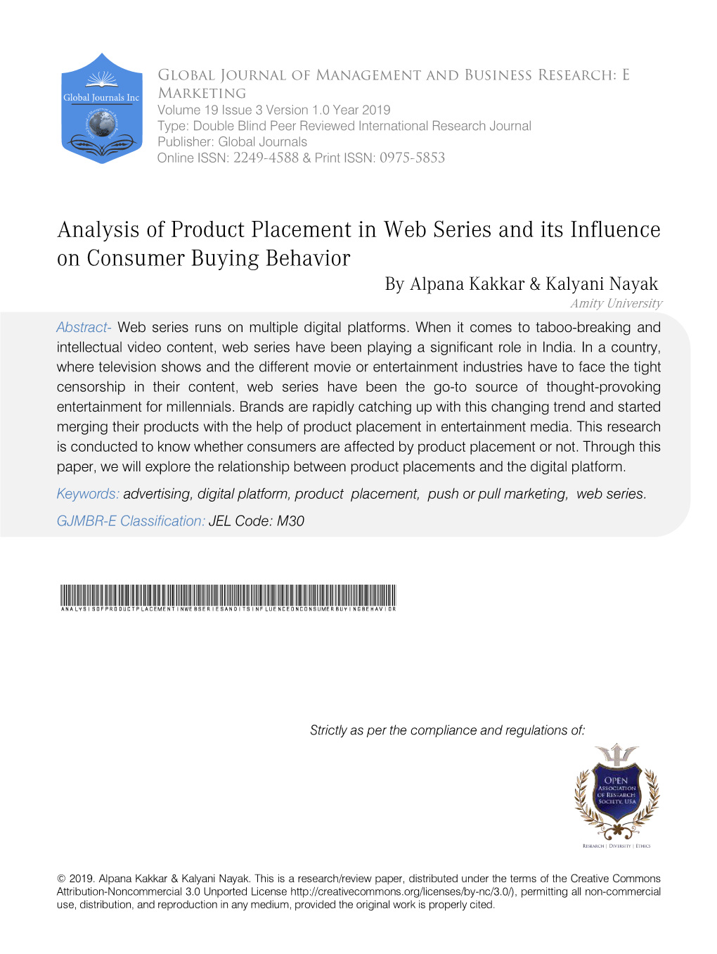 Analysis of Product Placement in Web Series and Its Influence on Consumer Buying Behavior