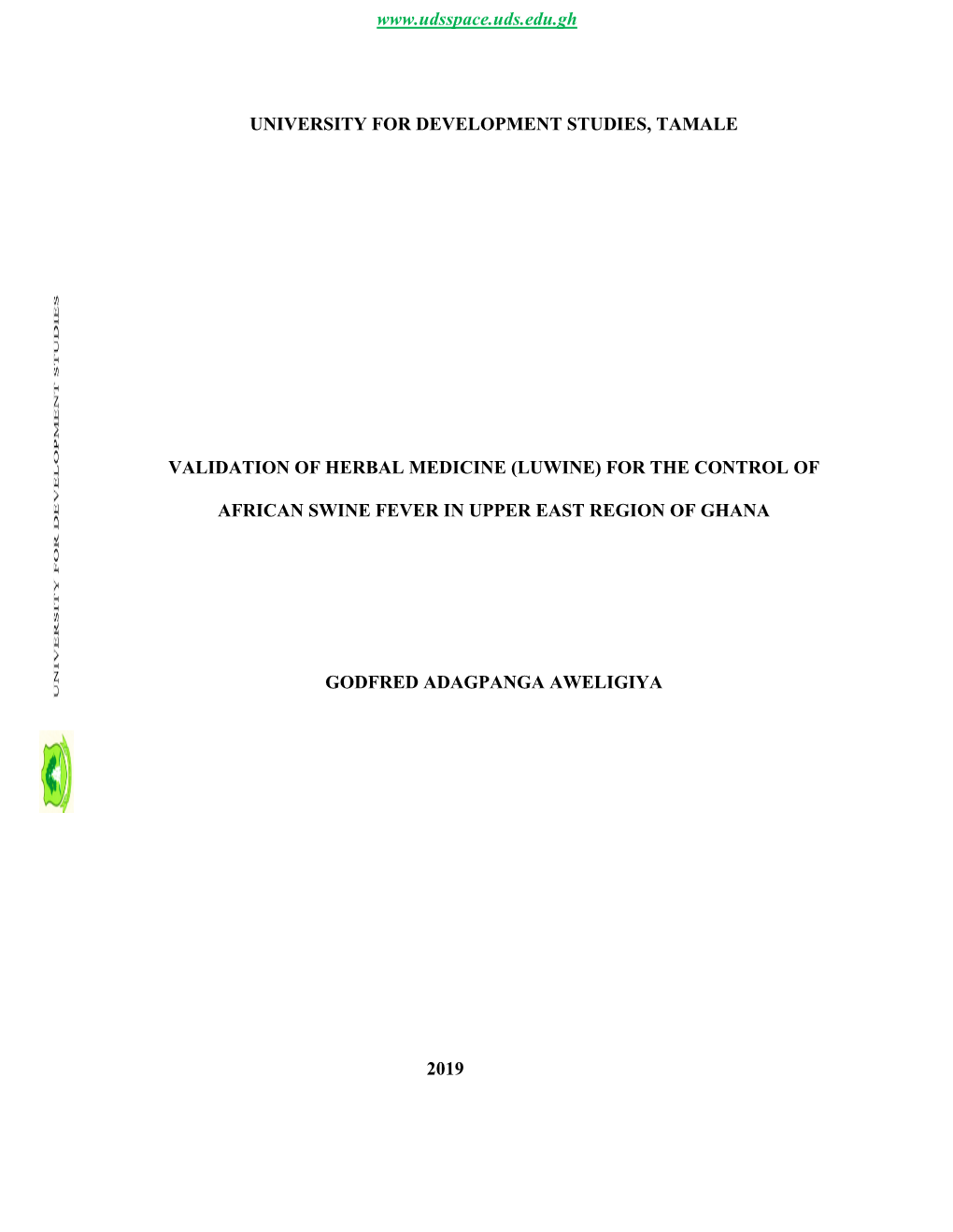 (Luwine) for the Control of African Swine Fever in Uppe