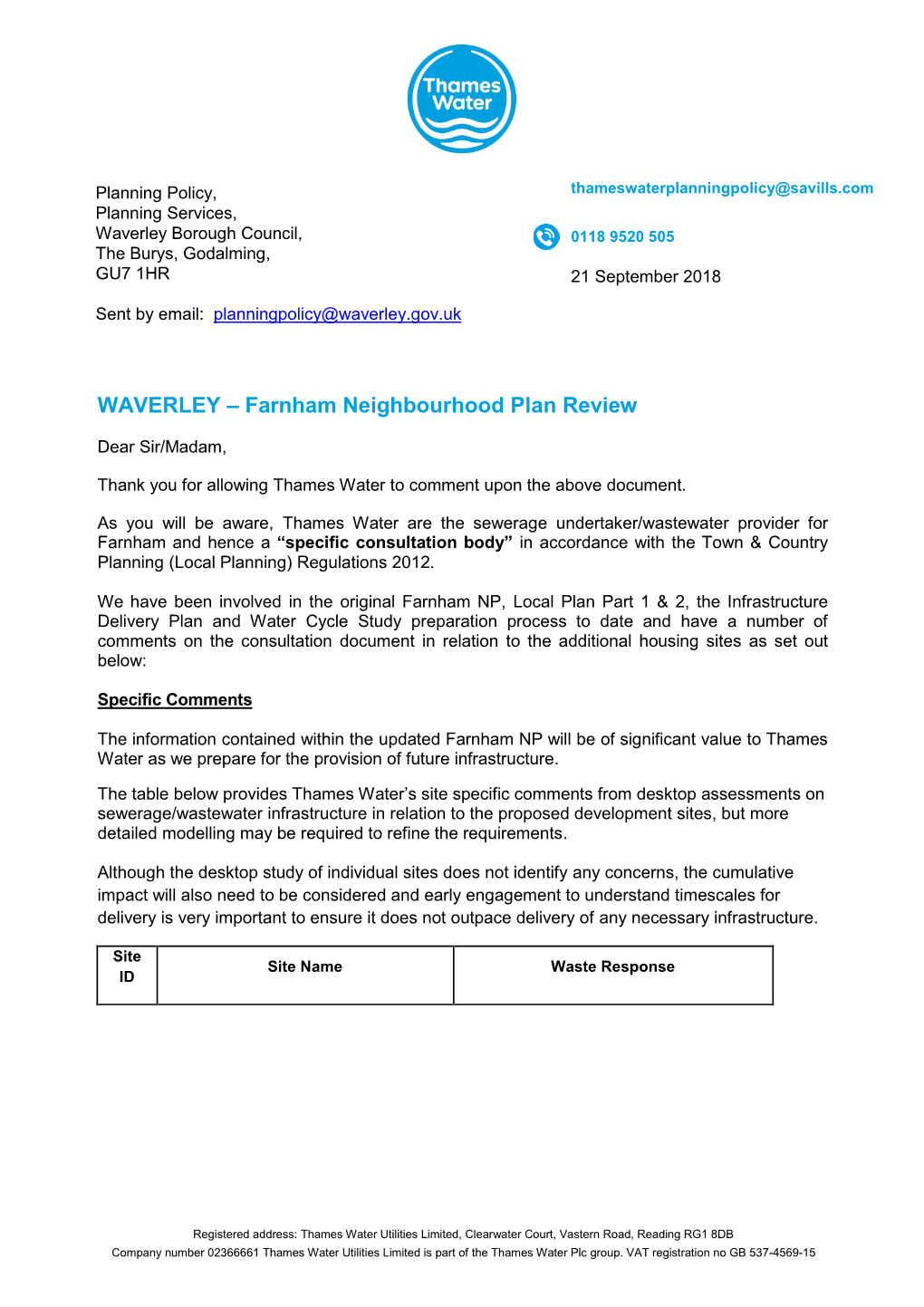 Thames Water to Comment Upon the Above Document