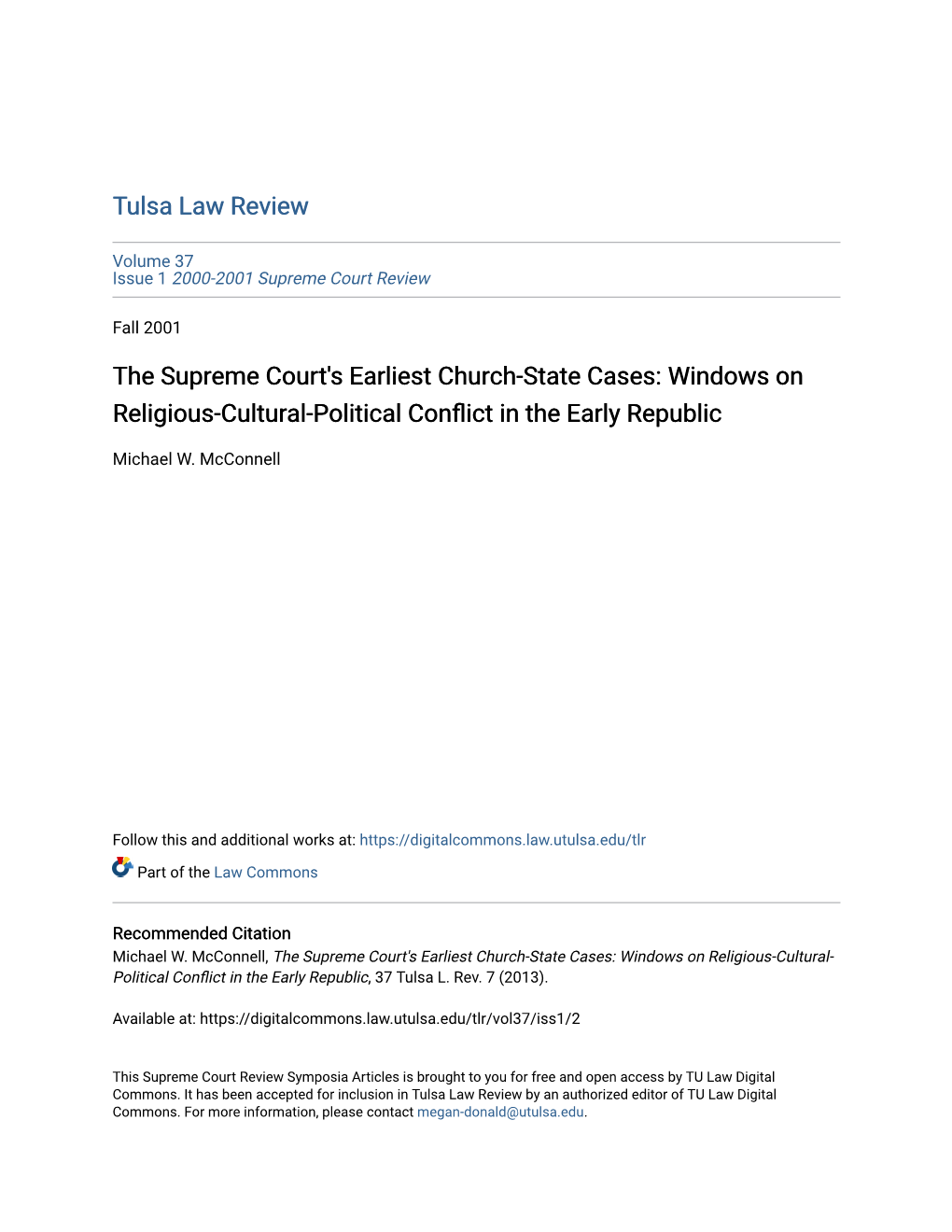 The Supreme Court's Earliest Church-State Cases: Windows on Religious-Cultural-Political Conflict in the Early Republic