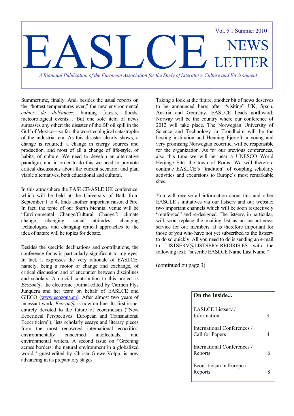 EASLCE Newsletter 5.1 (Summer 2010)