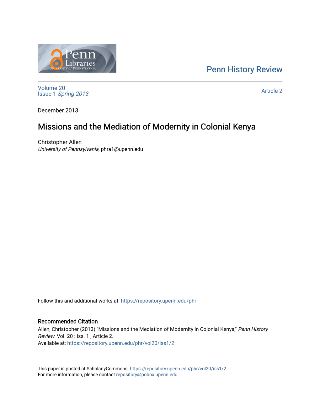 Missions and the Mediation of Modernity in Colonial Kenya