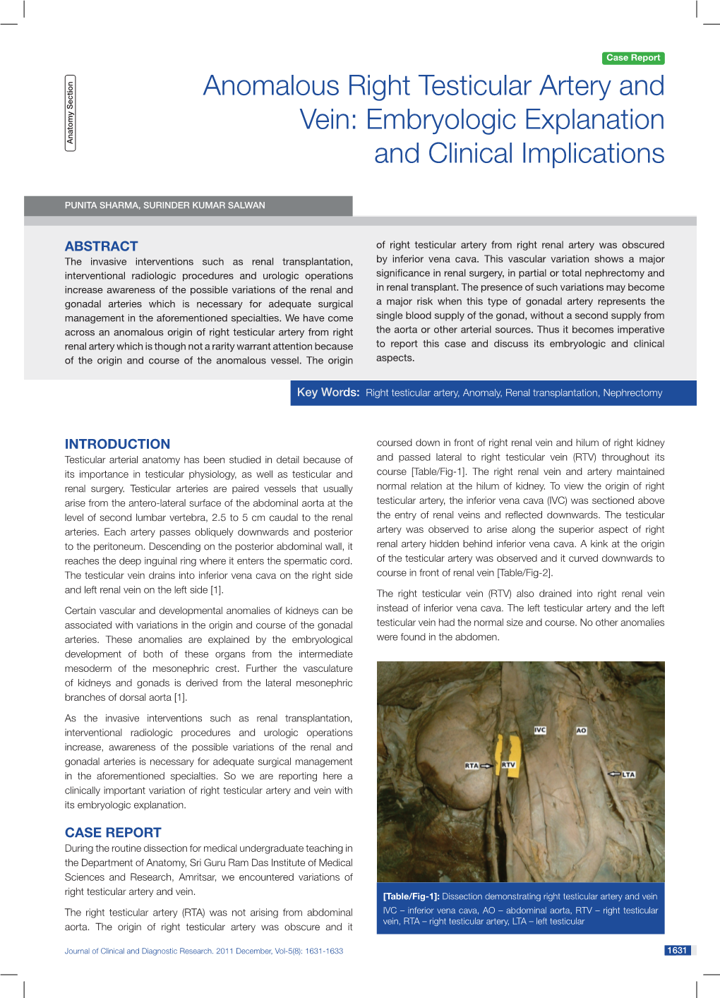 Anomalous Right Testicular Artery and Vein: Embryologic Explanation and Clinical Implications