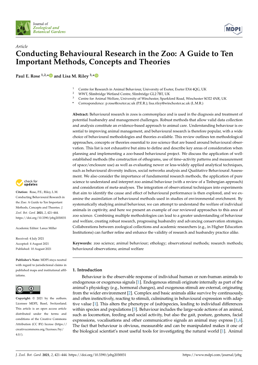 Conducting Behavioural Research in the Zoo: a Guide to Ten Important Methods, Concepts and Theories