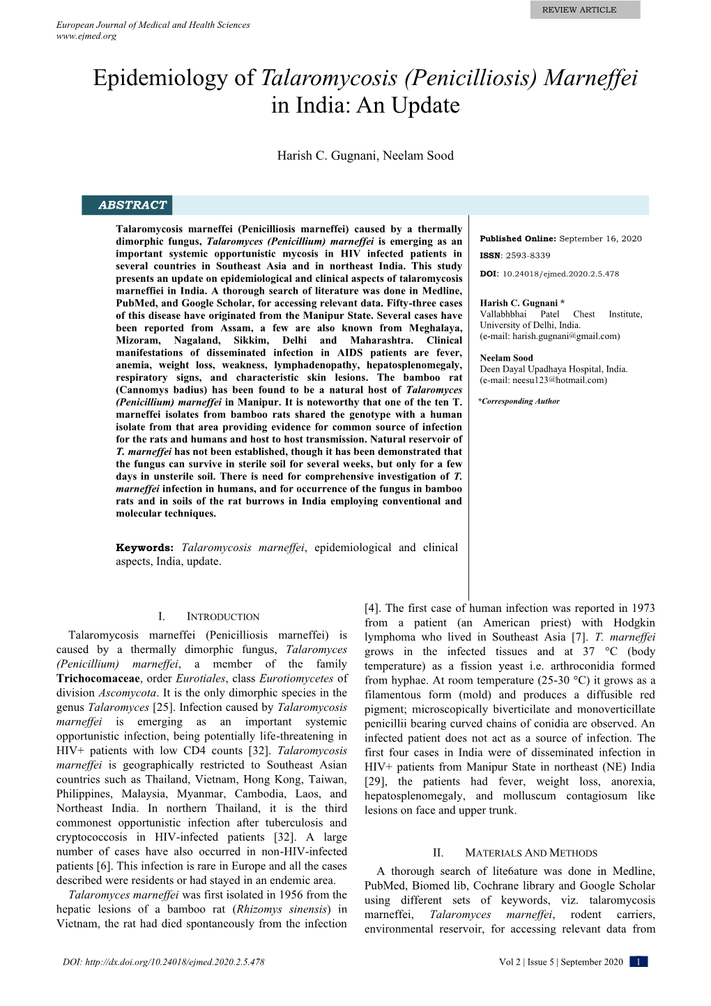 Epidemiology of Talaromycosis (Penicilliosis) Marneffei in India: an Update