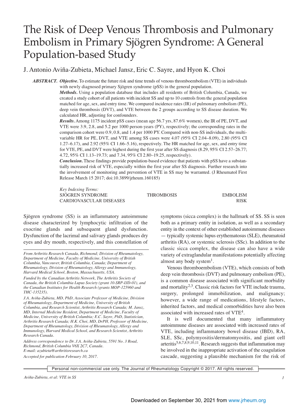 The Risk of Deep Venous Thrombosis and Pulmonary Embolism in Primary Sjögren Syndrome: a General Population-Based Study