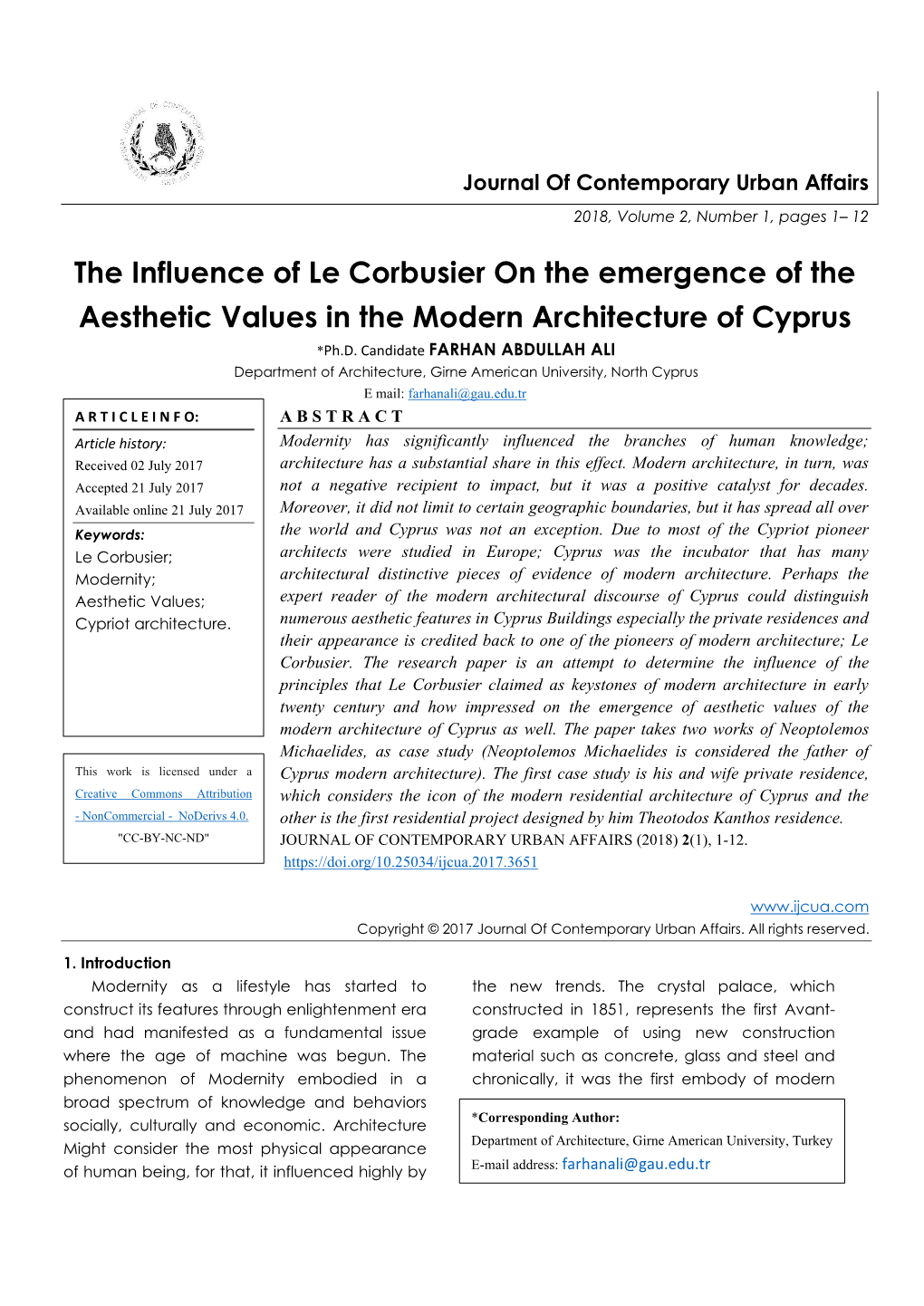 The Influence of Le Corbusier on the Emergence of the Aesthetic Values in the Modern Architecture of Cyprus *Ph.D