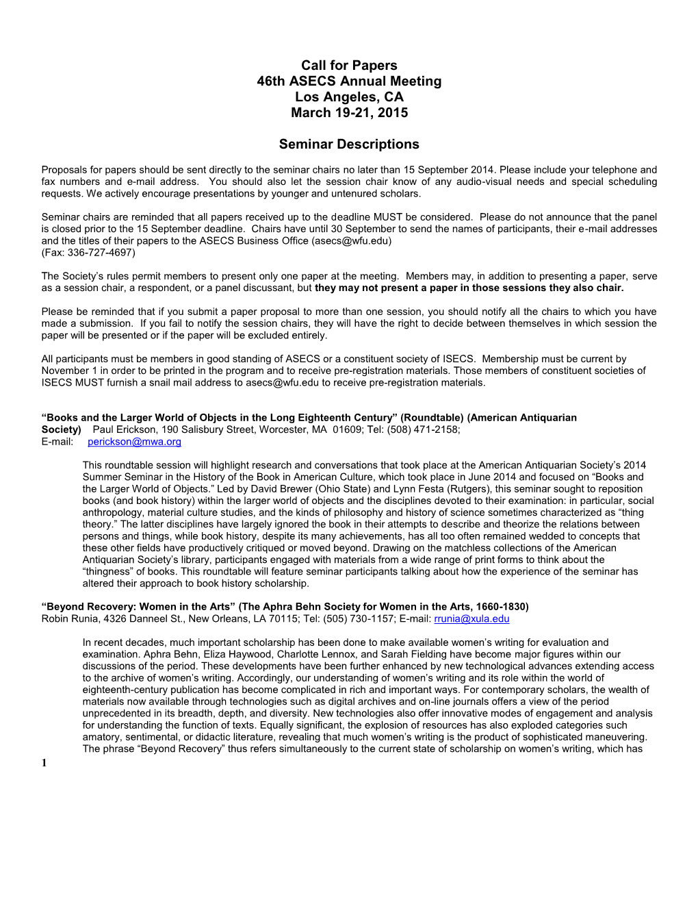 Call for Papers 46Th ASECS Annual Meeting Los Angeles, CA March 19-21, 2015