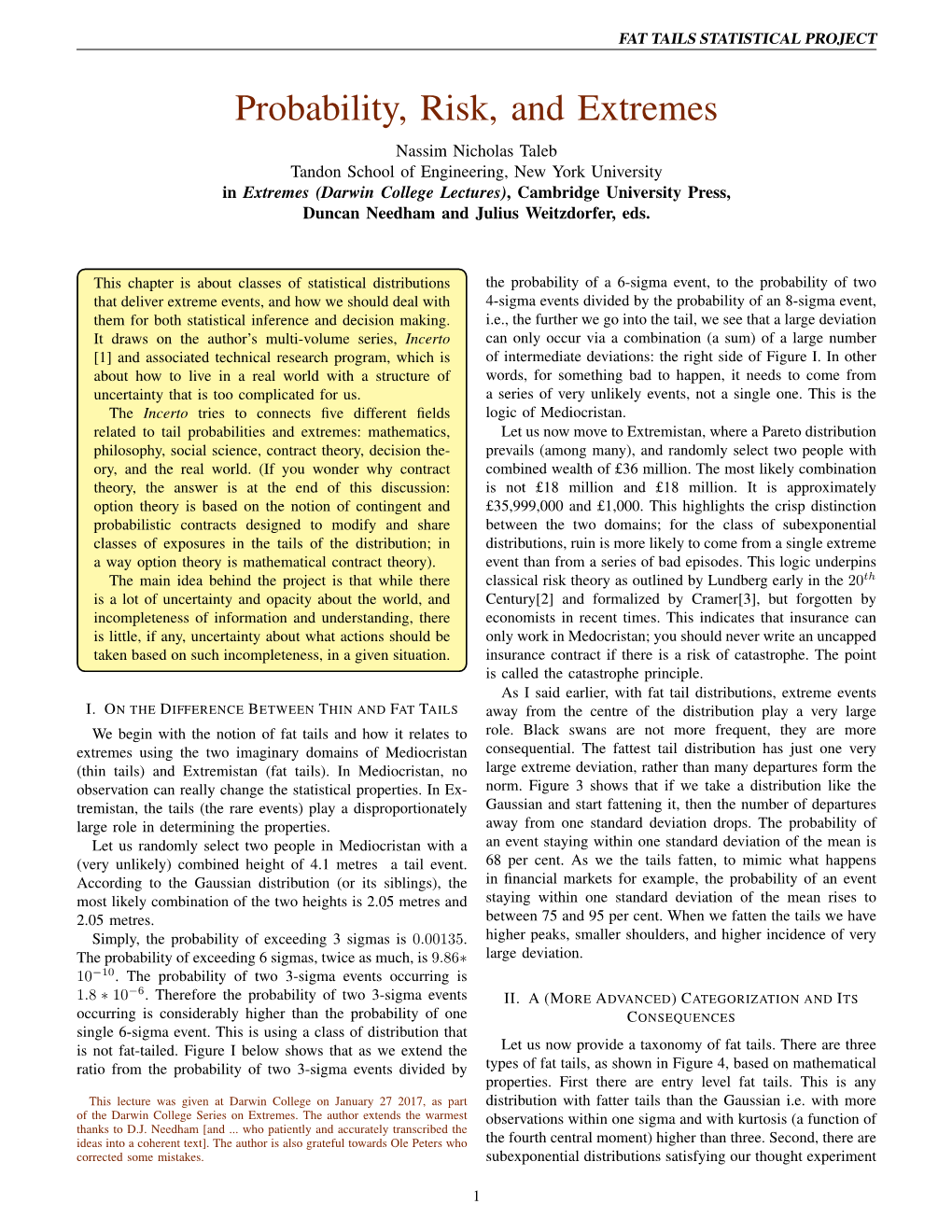 Probability, Risk, and Extremes