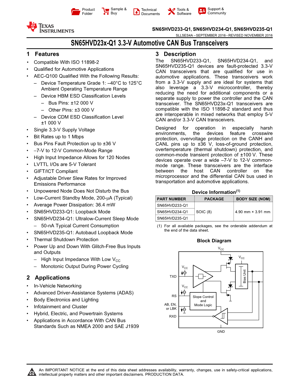 Sn65hvd23x-Q1 3.3-V Automotive CAN Bus Transceivers Datasheet