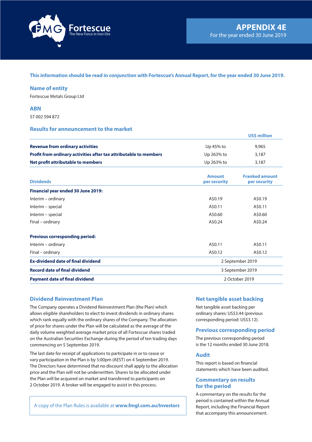 APPENDIX 4E for the Year Ended 30 June 2019