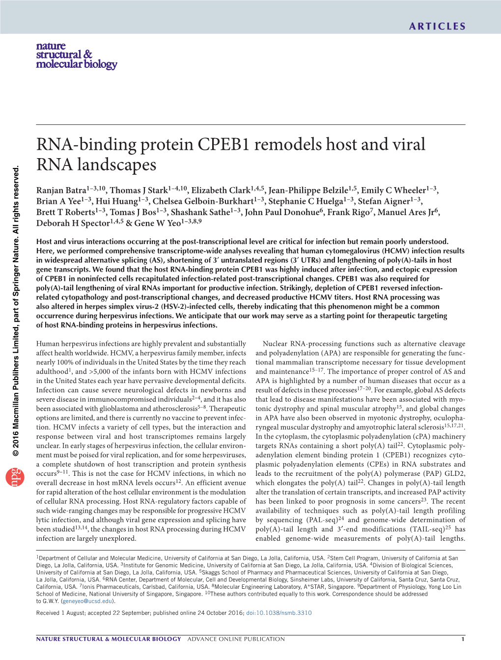 RNA-Binding Protein CPEB1 Remodels Host and Viral RNA Landscapes