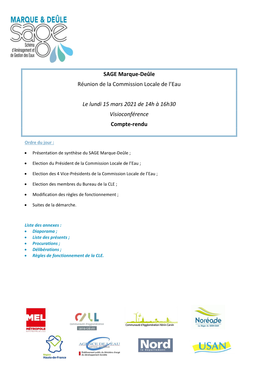 SAGE Marque-Deûle Réunion De La Commission Locale De L’Eau