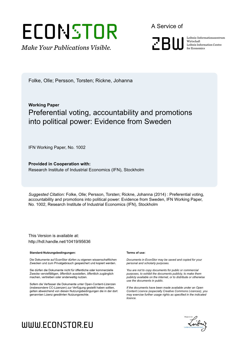 Preferential Voting, Accountability and Promotions Into Political Power: Evidence from Sweden