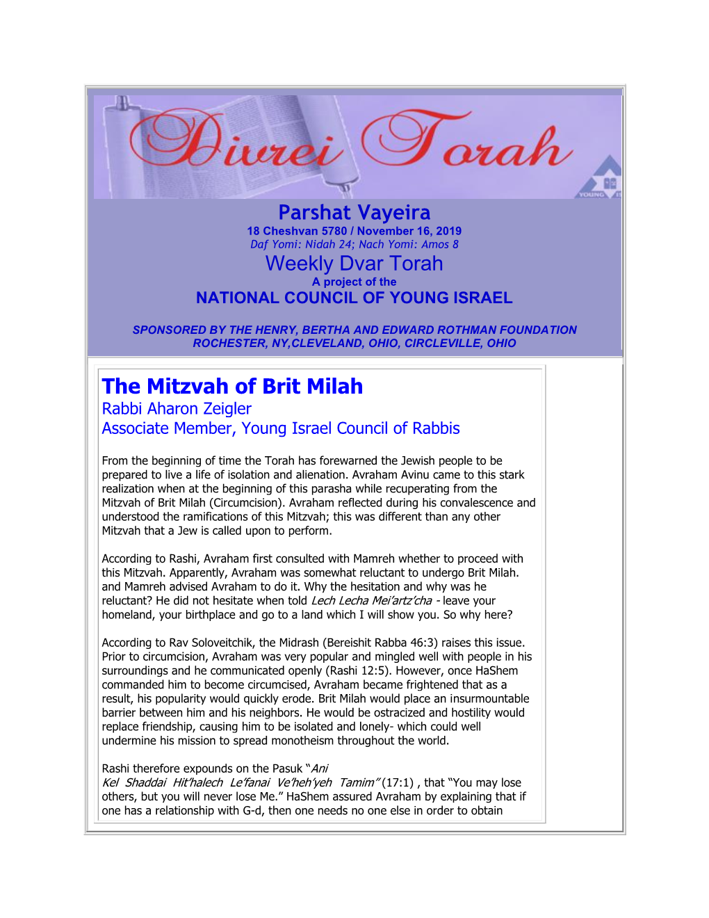 Parshat Vayeira Weekly Dvar Torah the Mitzvah of Brit Milah