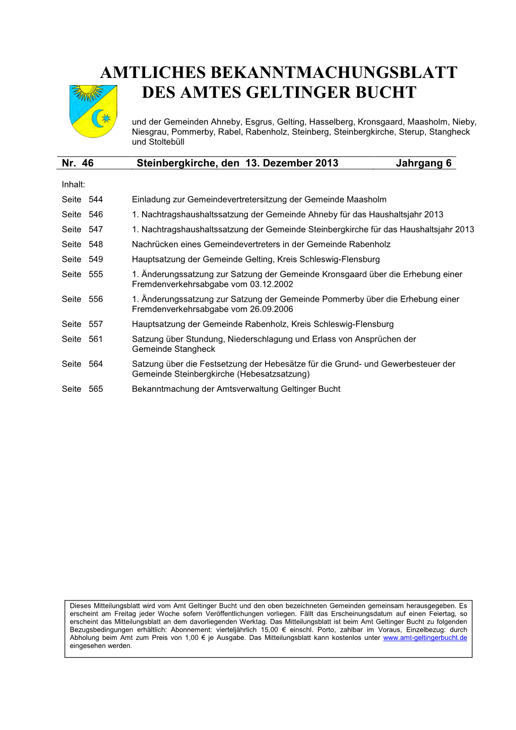 Amtliches Bekanntmachungsblatt Des Amtes Geltinger Bucht Nr. 46/2013