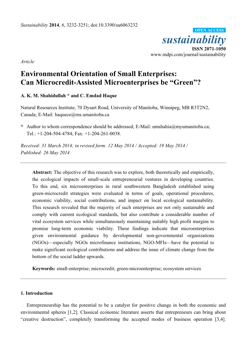 Environmental Orientation of Small Enterprises: Can Microcredit-Assisted Microenterprises Be “Green”?