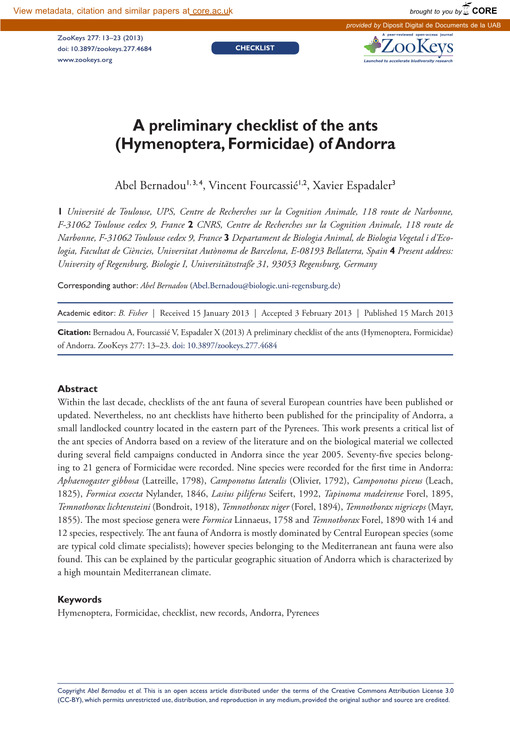 A Preliminary Checklist of the Ants (Hymenoptera, Formicidae) of Andorra