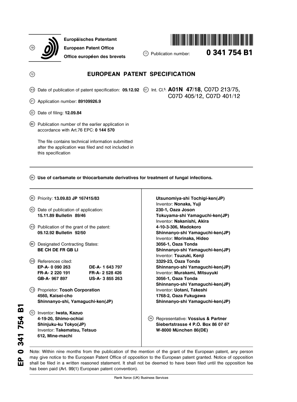 Use of Carbamate Or Thiocarbamate Derivatives for Treatment of Fungal Infections