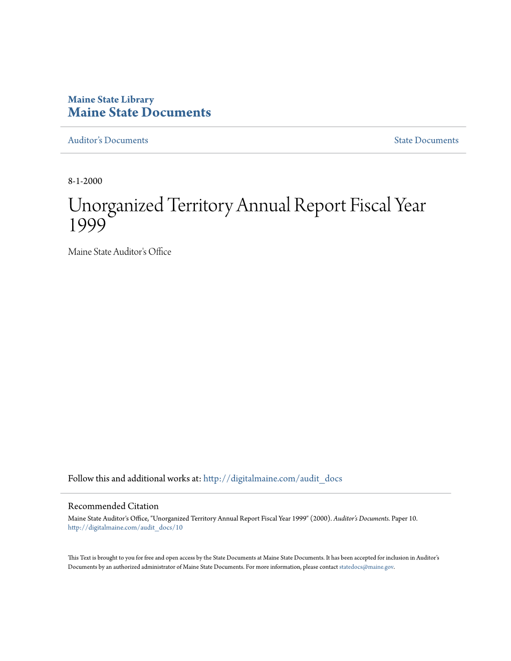 Unorganized Territory Annual Report Fiscal Year 1999 Maine State Auditor's Office