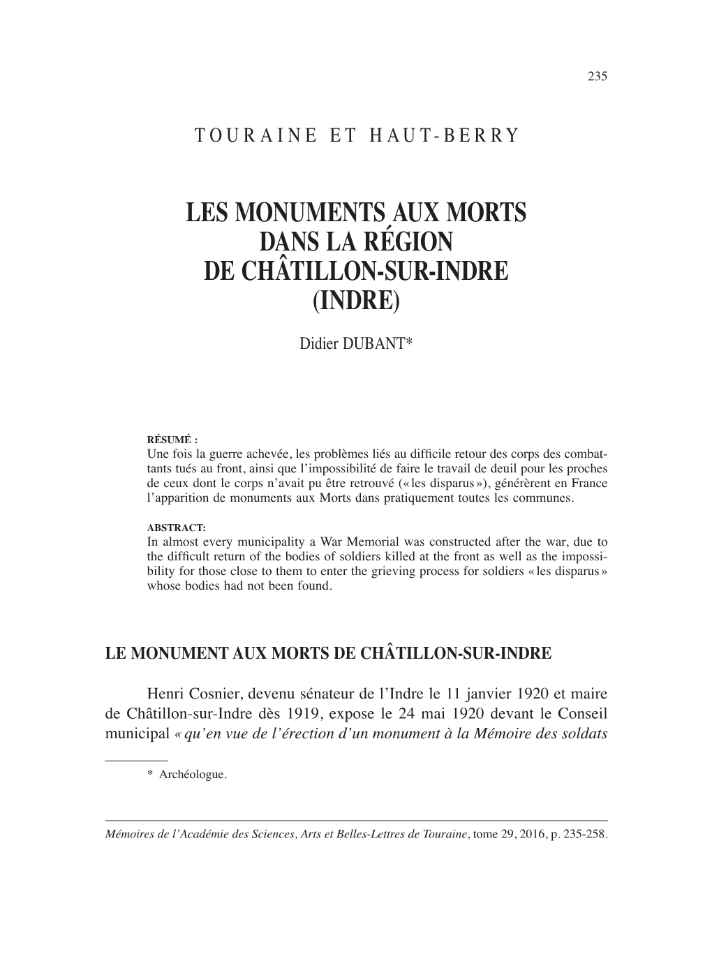 Les Monuments Aux Morts Dans La Région De Châtillon-Sur-Indre (Indre)