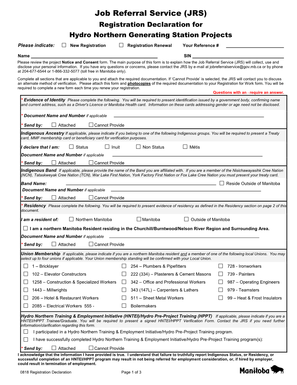 Job Referral Service (JRS) Registration Declaration for Hydro Northern Generating Station Projects