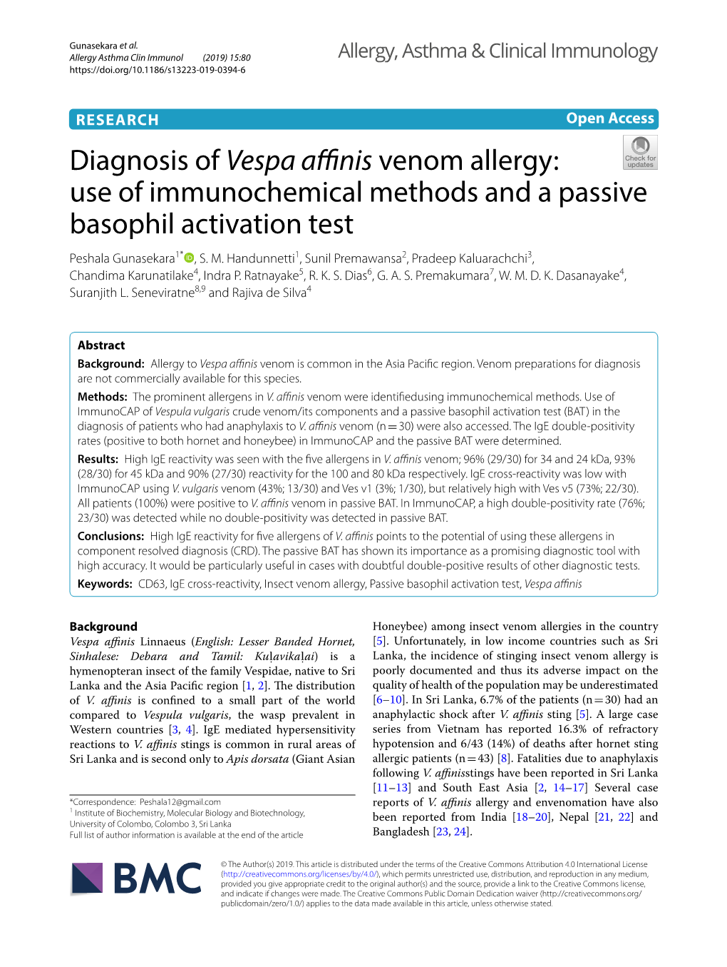 Diagnosis of Vespa Affinis Venom Allergy: Use of Immunochemical