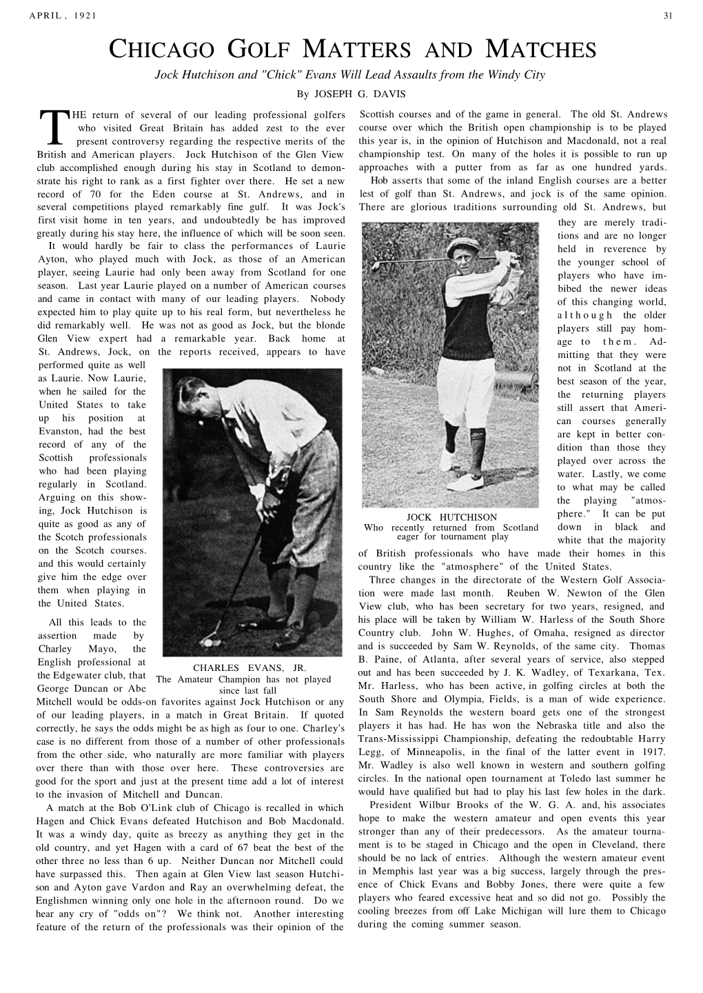 CHICAGO GOLF MATTERS and MATCHES Jock Hutchison and "Chick" Evans Will Lead Assaults from the Windy City by JOSEPH G