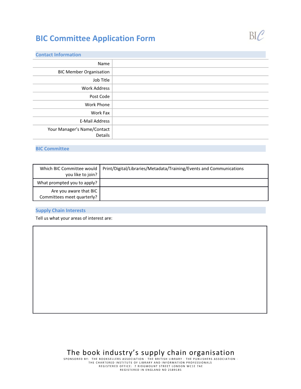 BIC Committee Application Form