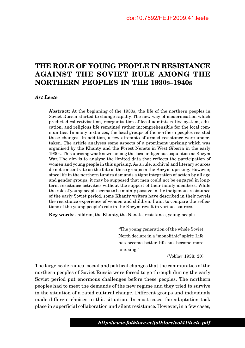The Role of Young People in Resistance Against the Soviet Rule Among the Northern Peoples in the 1930S–1940S