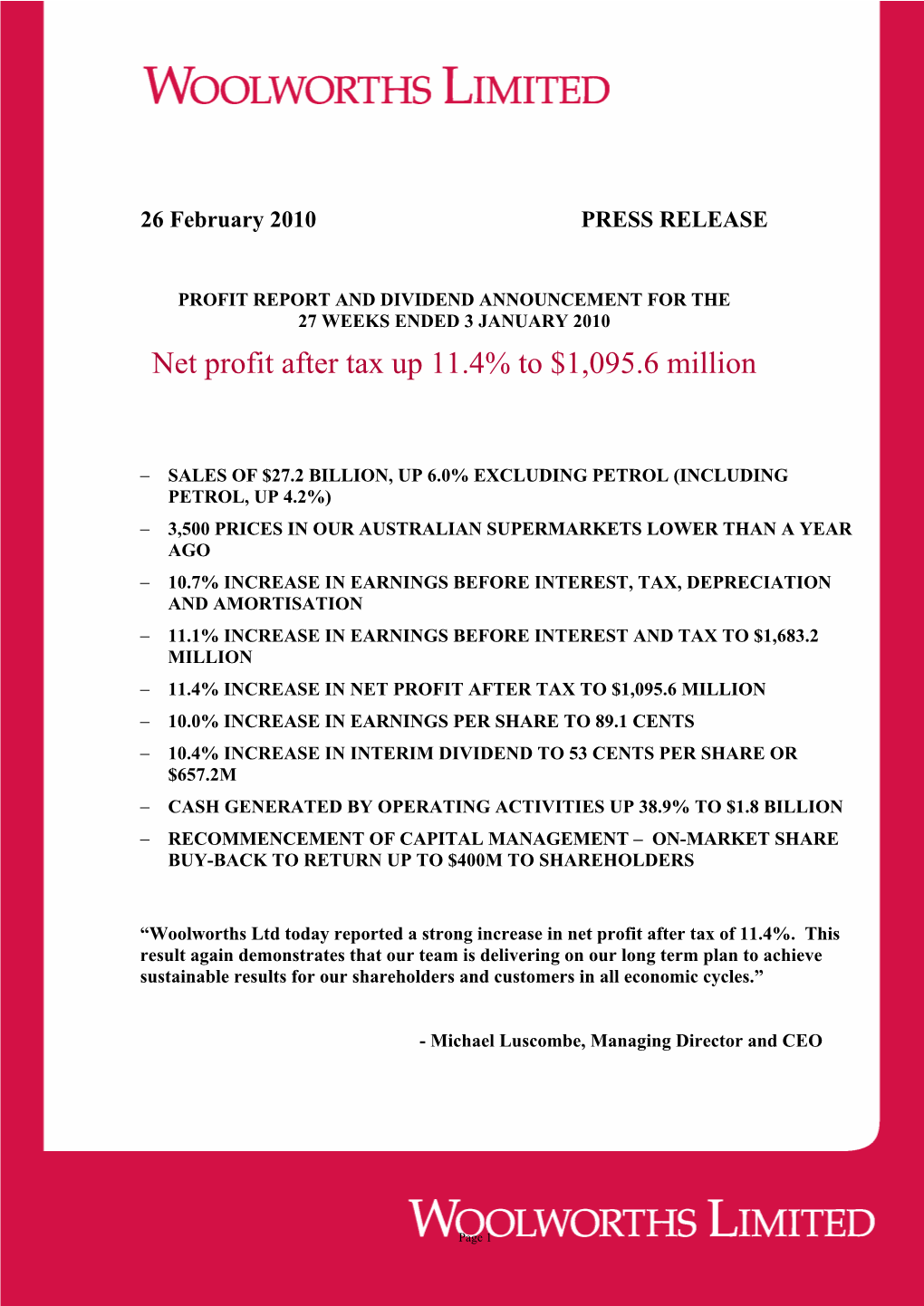 Half Year Results HY10