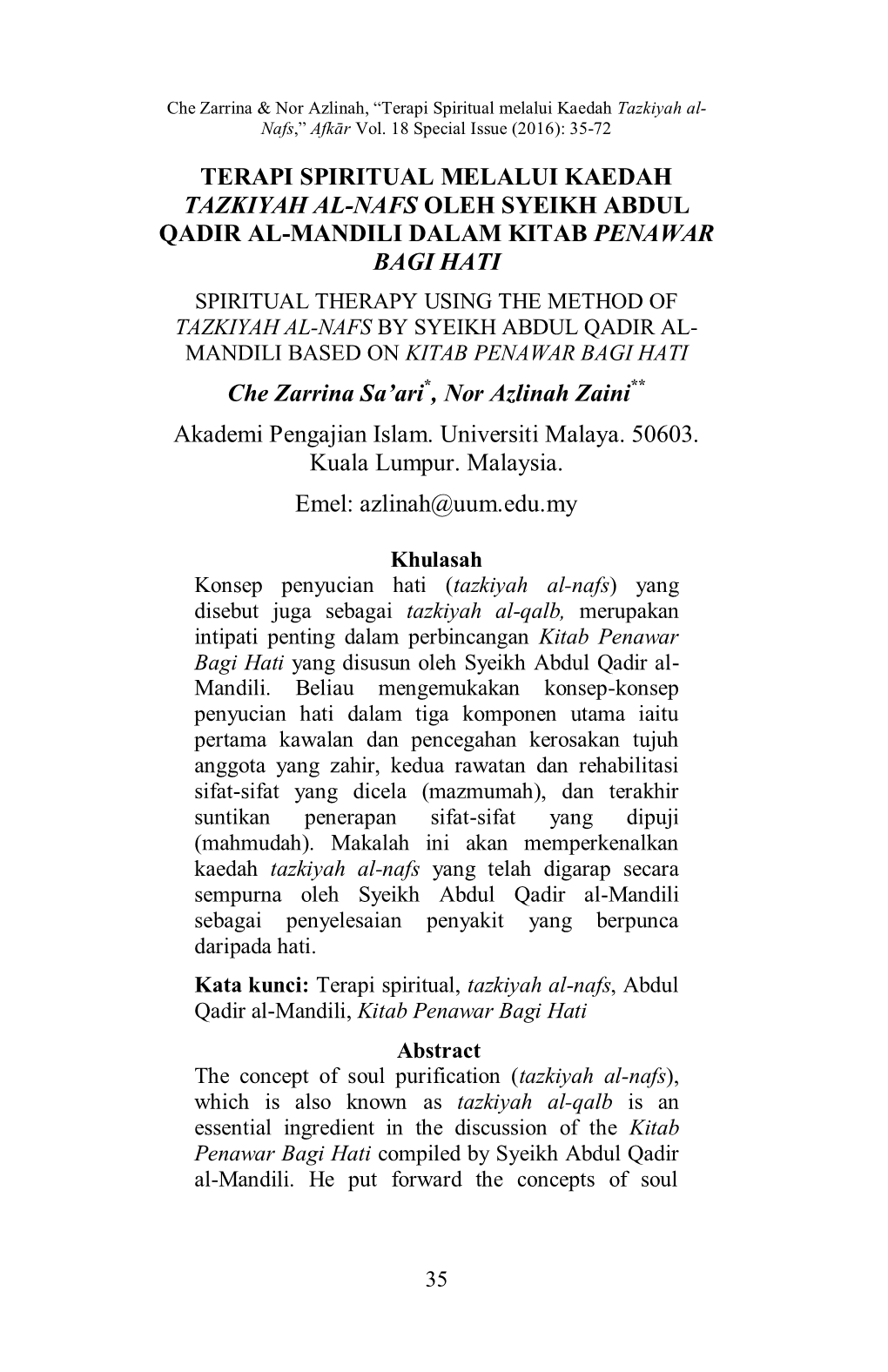 Terapi Spiritual Melalui Kaedah Tazkiyah Al-Nafs Oleh Syeikh Abdul Qadir Al-Mandili Dalam Kitab Penawar Bagi Hati