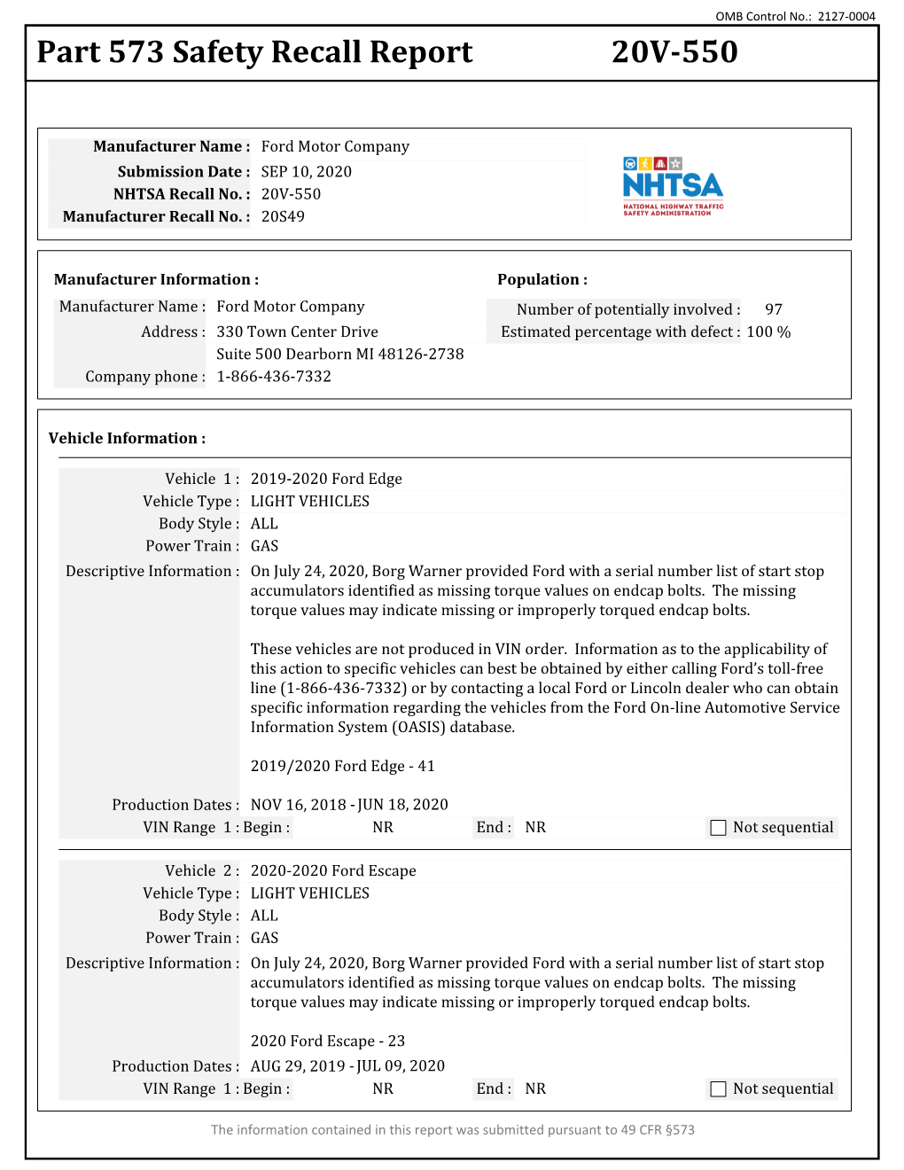 Part 573 Safety Recall Report 20V-550