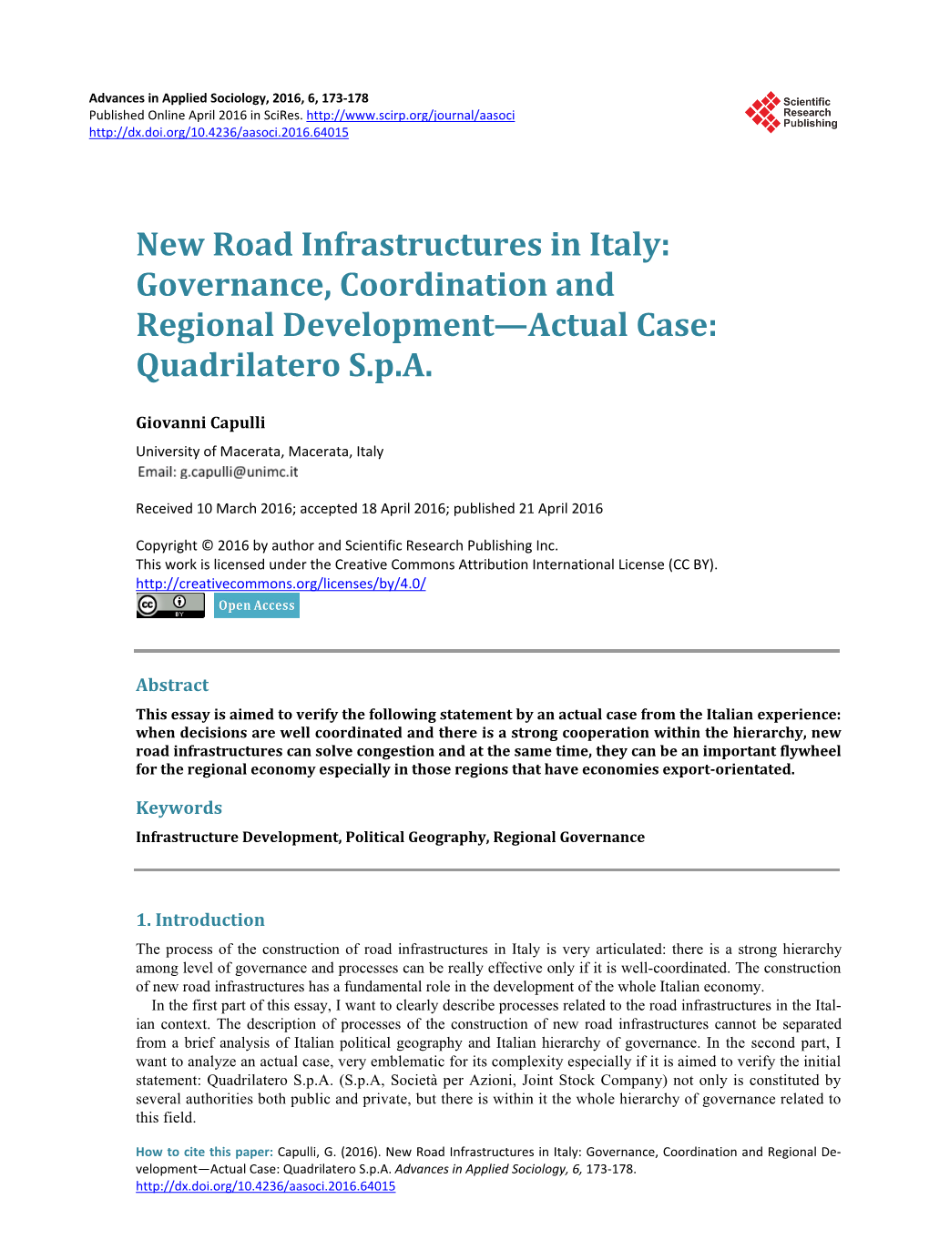 New Road Infrastructures in Italy: Governance, Coordination and Regional Development—Actual Case: Quadrilatero S.P.A