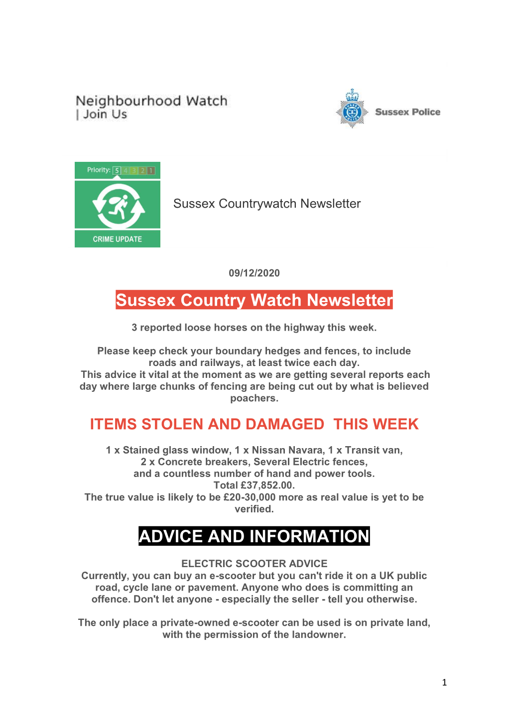 Sussex Country Watch Newsletter ADVICE and INFORMATION