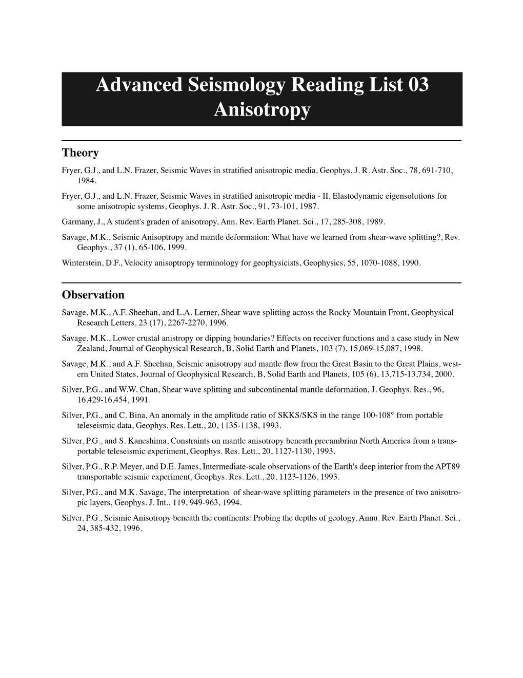 Advanced Seismology Reading List 03 Anisotropy