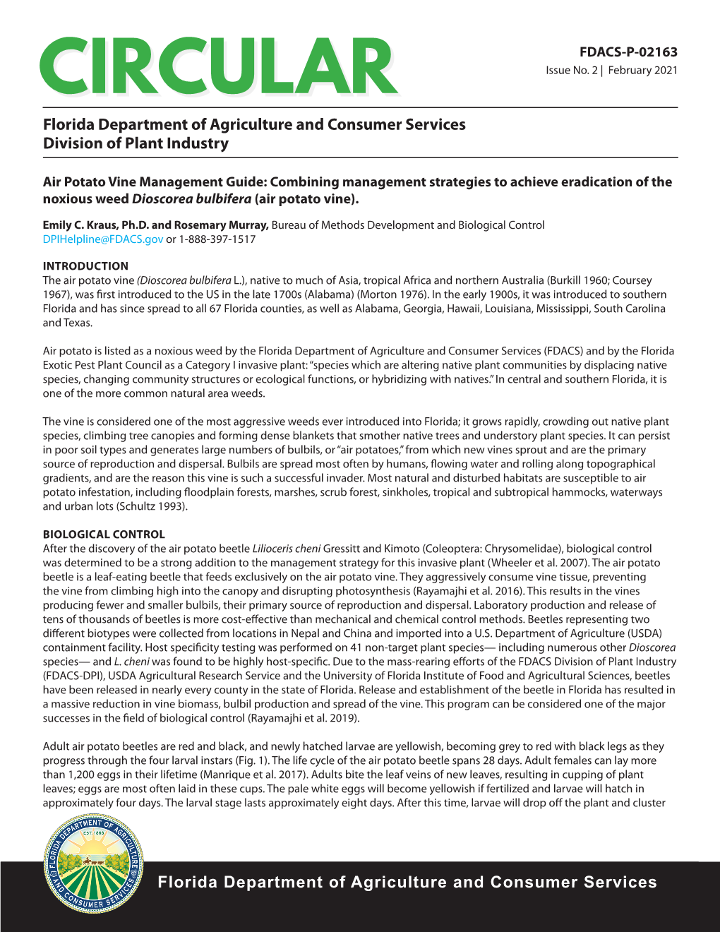 Air Potato Vine Management Guide: Combining Management Strategies to Achieve Eradication of the Noxious Weed Dioscorea Bulbifera (Air Potato Vine)