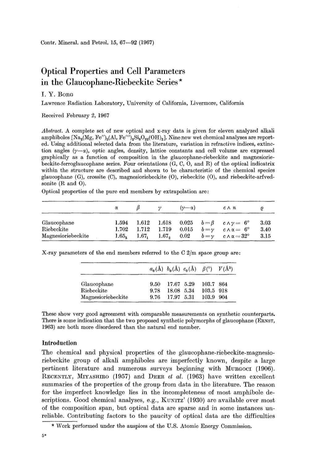 Optical Properties and Cell Parameters in the Glaucophane-Riebeckite Series* I