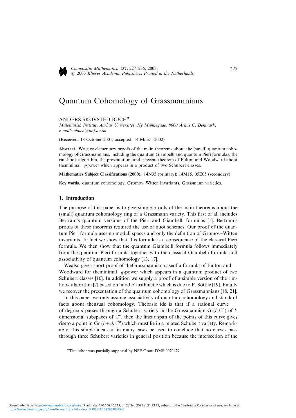 Quantum Cohomology of Grassmannians