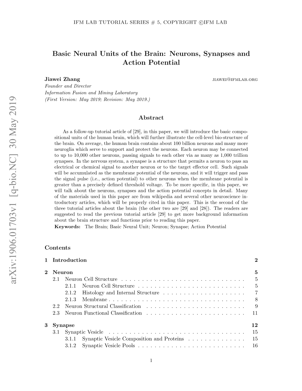 Arxiv:1906.01703V1 [Q-Bio.NC] 30 May 2019 2.1.1 Neuron Cell Structure