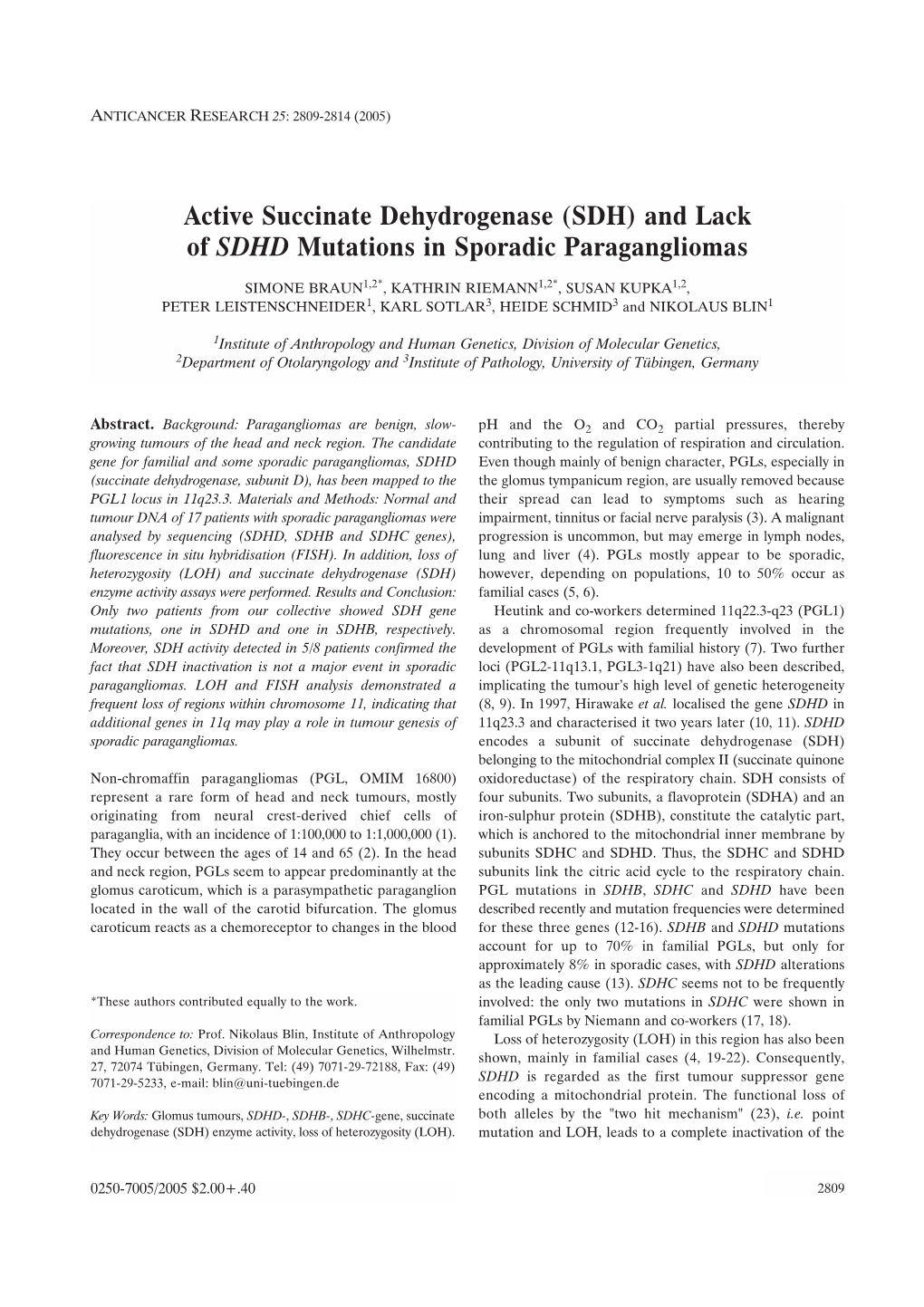 (SDH) and Lack of SDHD Mutations in Sporadic Paragangliomas