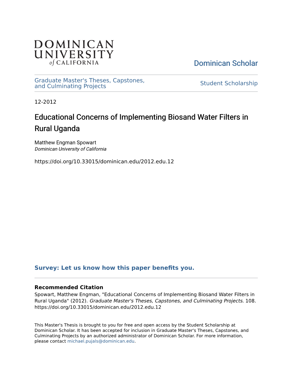Educational Concerns of Implementing Biosand Water Filters in Rural Uganda