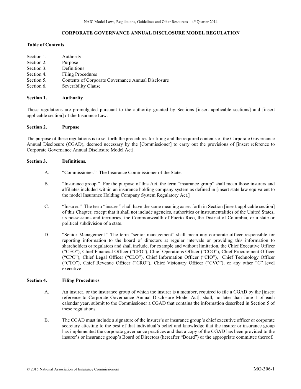 MO-306-1 CORPORATE GOVERNANCE ANNUAL DISCLOSURE MODEL REGULATION Table of Contents Section 1. Authority Section 2. Purpose Secti