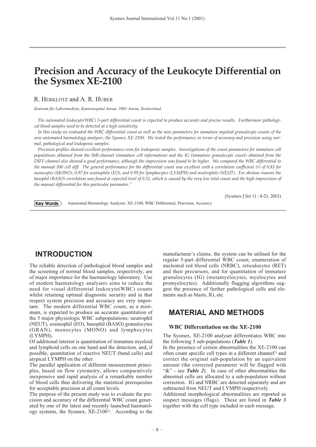 Precision and Accuracy of the Leukocyte Differential on the Sysmex XE-2100