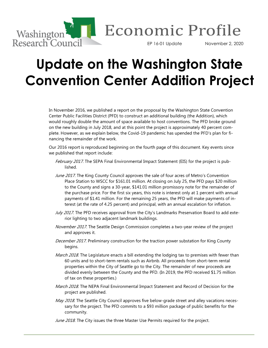 Update on the Washington State Convention Center Addition Project