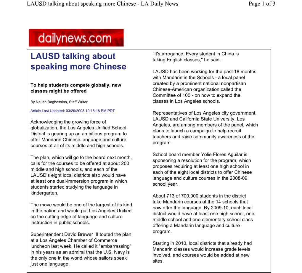 LAUSD Talking About Speaking More Chinese - LA Daily News Page 1 of 3