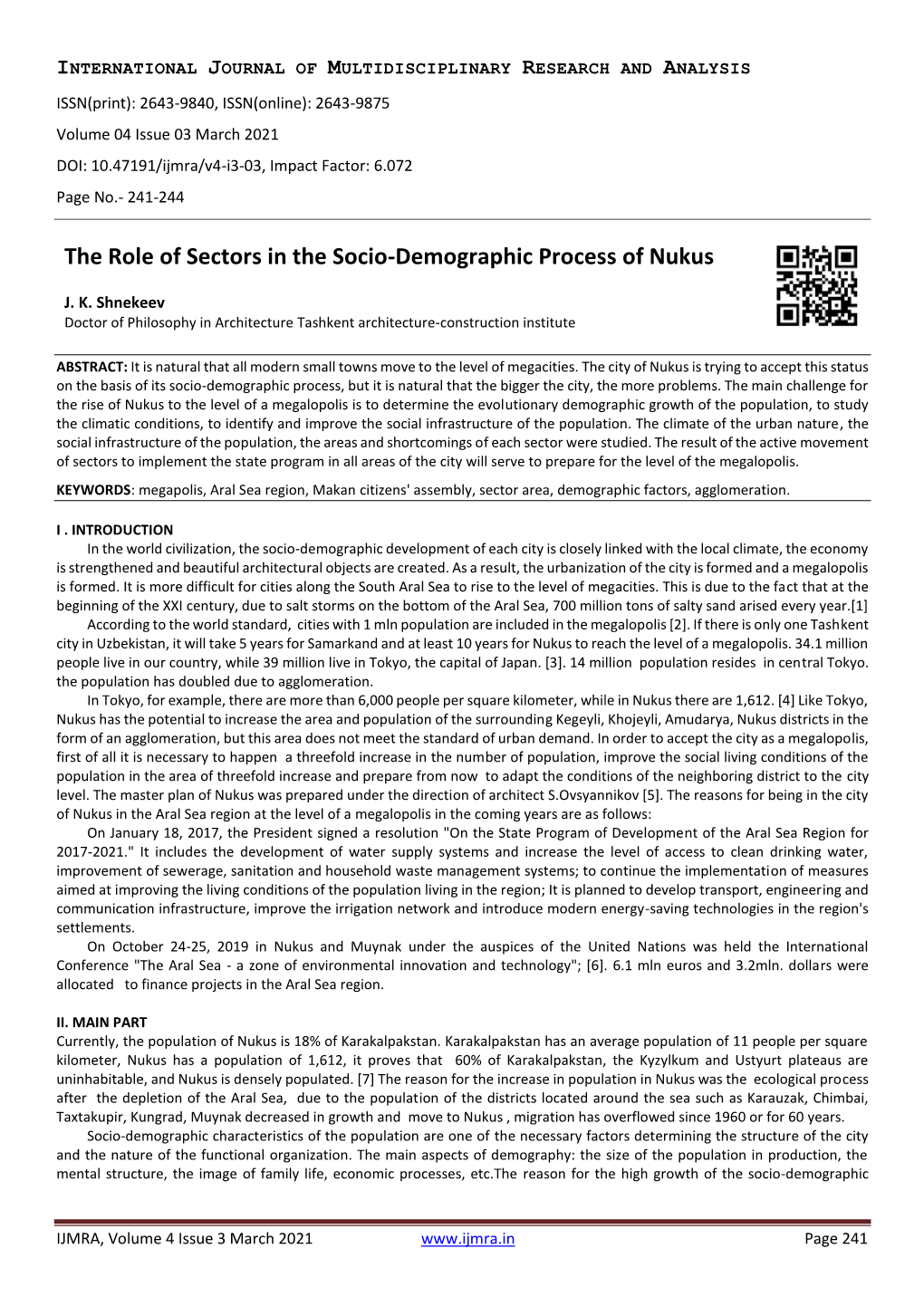 The Role of Sectors in the Socio-Demographic Process of Nukus