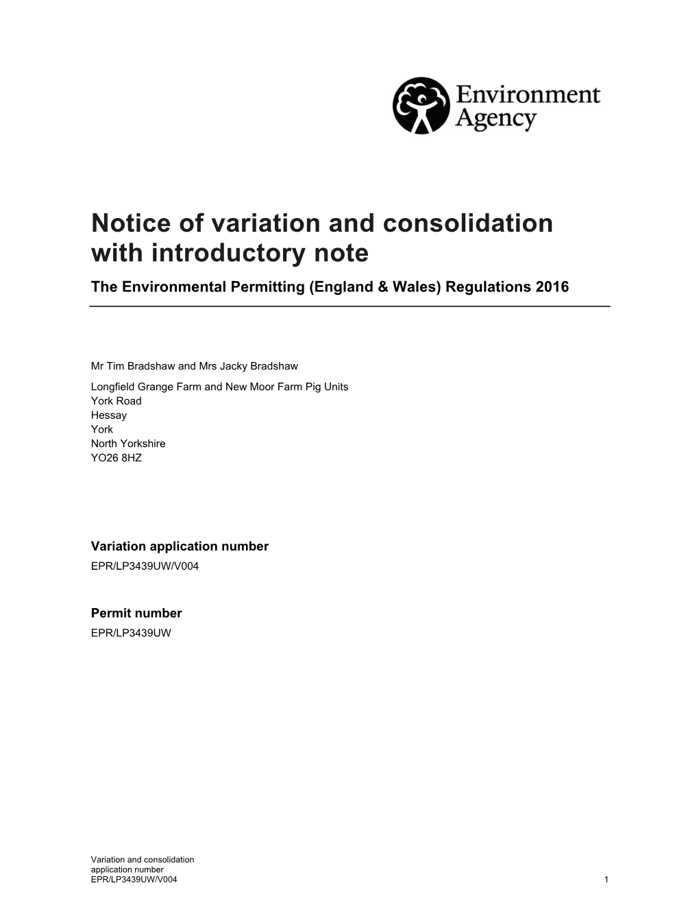 Notice of Variation and Consolidation with Introductory Note the Environmental Permitting (England & Wales) Regulations 2016