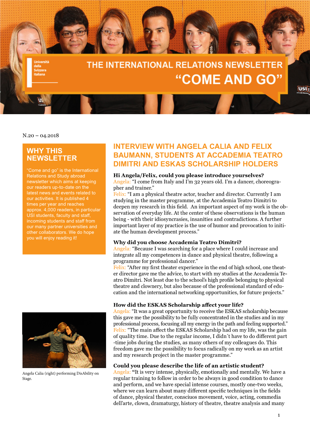 Interview with Angela Calia and Felix Baumann, Students at Accademia Teatro Dimitri, in the First Article of This Newsletter