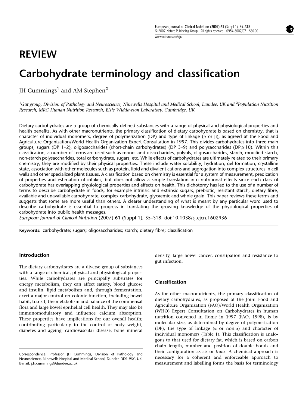 Carbohydrate Terminology and Classification